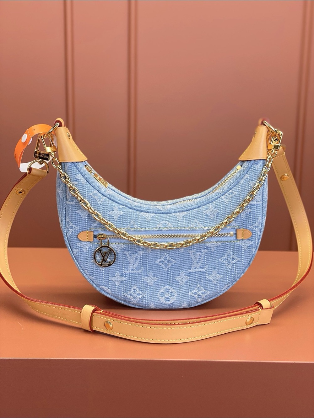 Louis Vuitton Light Blue Denim Crescent Shoulder Bag with Tan Trim
